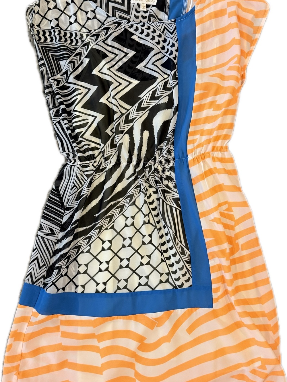 Colorblock Orange Stripe Mini Dress with Graphic Black-White Panel